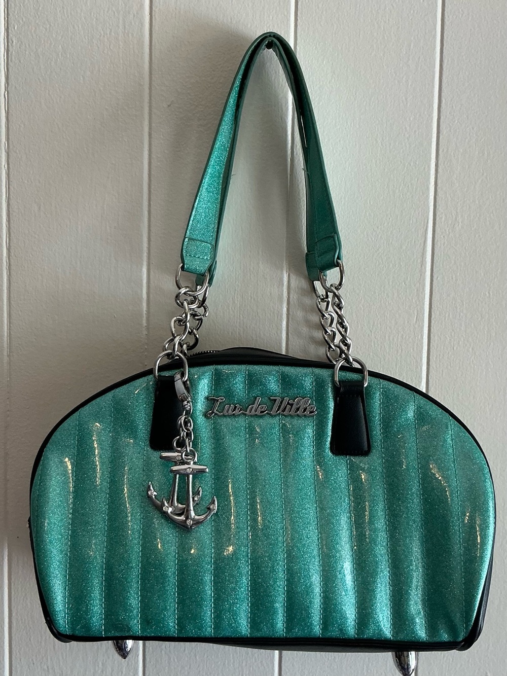 VTG Lux De Ville Mint Teal Glitter Satchel Handbag - Retro Rockabilly Pinup Bag